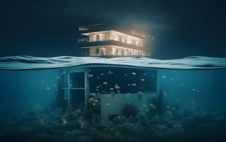Underwater view of a house in the sea. 3d renderingの素材