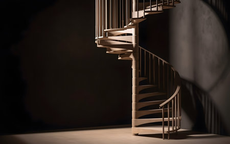 Wooden spiral staircase in dark interior. 3d render illustration.の素材