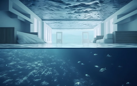 3d rendering of a modern bedroom with a view of the seaの素材