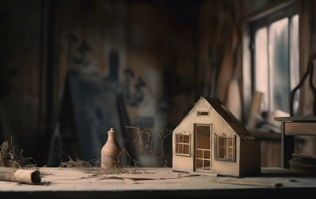 Wooden model of a house on a table in a workshop.の素材