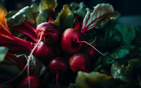 Bunch of fresh red beetroots with leaves on dark background.の素材