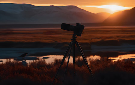 Silhouette of a camera on a tripod at sunset in the desertの素材