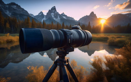 Professional camera on tripod in front of mountains and lake at sunset.の素材