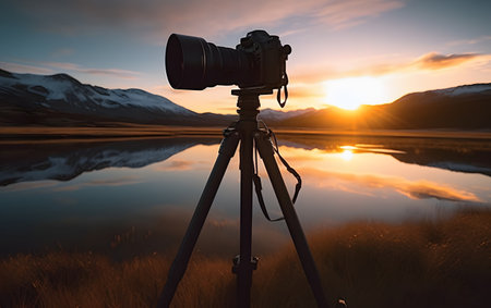 Digital camera on tripod in front of a beautiful lake at sunset.の素材