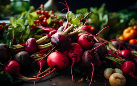 Bunch of fresh red beets with green leaves on rustic backgroundの素材