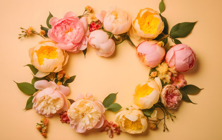 Flower wreath made of peonies on a beige backgroundの素材