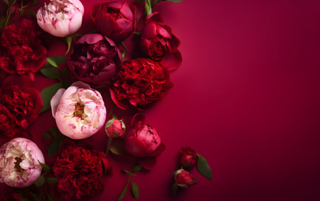 Beautiful peony flowers on red background. Flat lay, top viewの素材