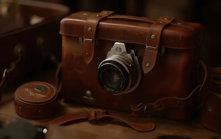 Vintage camera on the background of a leather case and a cameraの素材