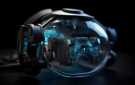 Virtual reality goggles with microcircuits on black background. 3d renderingの素材