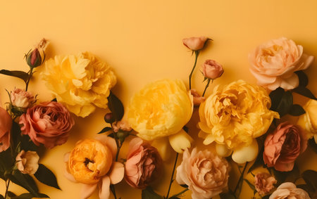 Flowers composition on yellow background. Flat lay, top view, copy spaceの素材