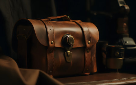 Leather briefcase on the table in a photo studio, close-upの素材
