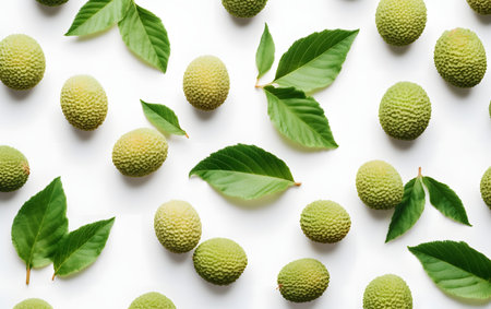 Lychee fruits with green leaves on white background, top viewの素材