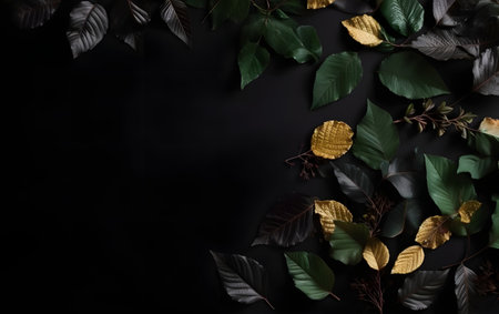 Creative layout made of black leaves on black background. Flat lay, top view, copy spaceの素材