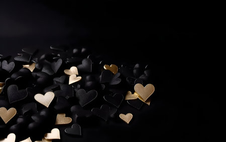 Black and gold hearts confetti on black background. Valentine's day concept.の素材