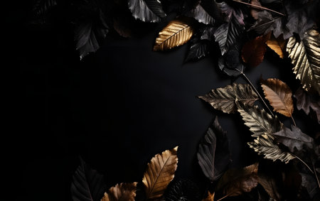 Autumn leaves on a black background. Flat lay, top view.の素材