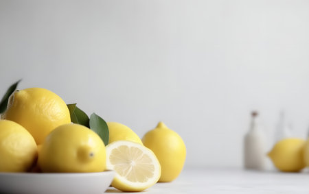 Fresh lemons with green leaves on white table, closeup. Space for textの素材