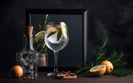 Gin tonic cocktail with lemon and rosemary on black backgroundの素材