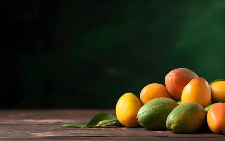 Mangoes and limes on wooden table over dark background.の素材