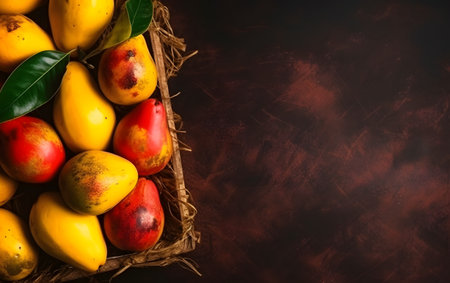 Mango fruits in a basket on a dark background with copy spaceの素材