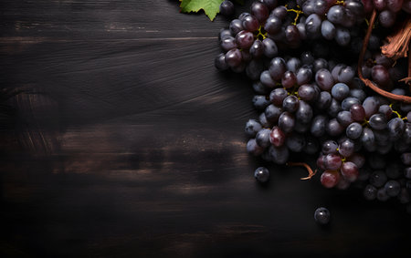Grapes on black wooden background. Top view with copy spaceの素材