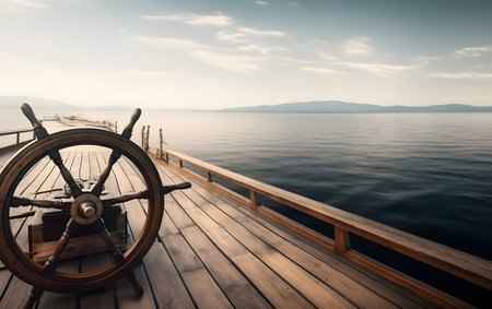 Wooden steering wheel on a wooden pier. Sea and sky background.の素材