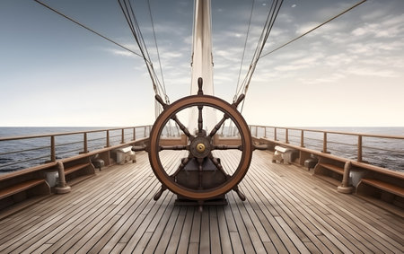 ship wheel on the deck of a cruise ship. 3d renderingの素材