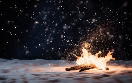 Bonfire in the snow on a dark background with falling snow.の素材
