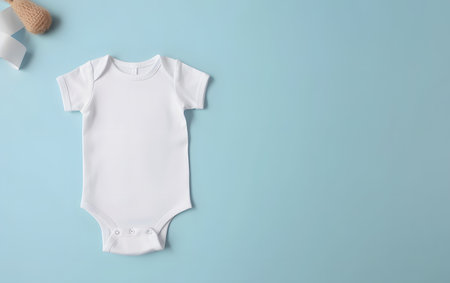 White baby bodysuit on blue background. Flat lay, top view.の素材