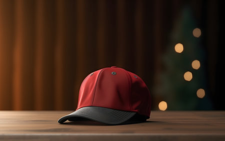 Red baseball cap on wooden table in front of christmas tree.の素材