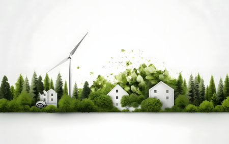 Eco energy concept with wind turbines and green trees. 3D renderingの素材