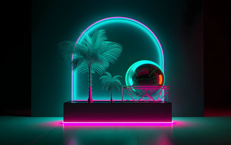 Futuristic neon background with palm tree and sphere. 3D Renderingの素材