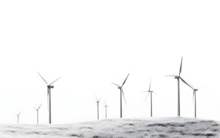Wind turbines in a snow covered field. 3D illustration. White background.の素材