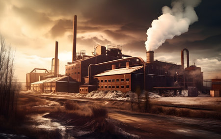 Factory with smoking chimneys. Global warming concept. 3D Renderingの素材