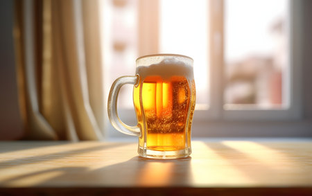 Glass of beer on the table in front of the window in sunset lightの素材