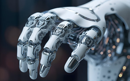 3d rendering humanoid robot hand touching virtual screen with fingers on dark backgroundの素材