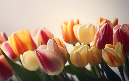 Bouquet of colorful tulips on a white background. Selective focus.の素材