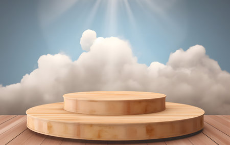 Wooden podium in front of sky with clouds. 3D renderingの素材