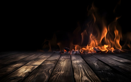 Fire flames on a wooden floor with black background and copy space.の素材