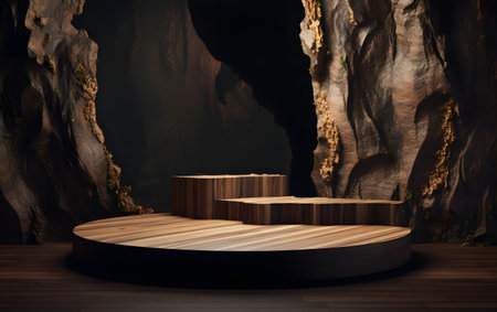 Wooden podium on the background of the cave. 3d renderingの素材