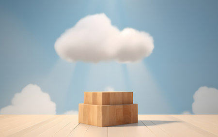 Wooden podium on wood floor with clouds and sunlight. 3D renderingの素材