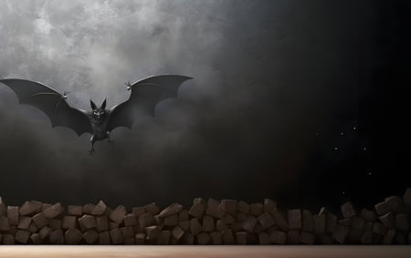 Halloween background with bats flying over a brick wall. 3D Renderingの素材
