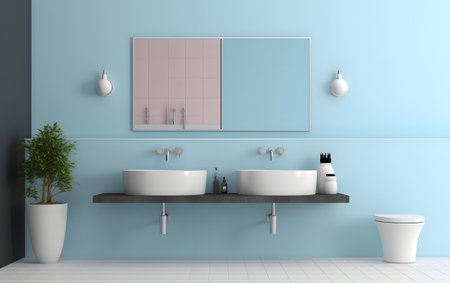 3d render of modern bathroom with blue wall and white bathtubの素材