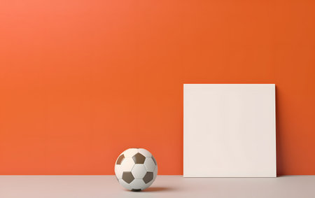 Soccer ball and blank poster on orange wall. 3D renderingの素材