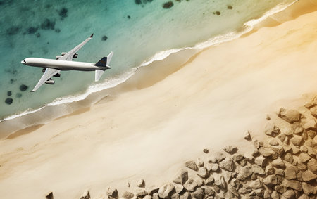 Airplane flying over the beach. Travel concept. 3D Renderingの素材