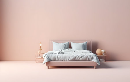 Bedroom interior with pink wall, 3d render illustration mock upの素材