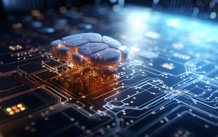 3d rendering of circuit board with human brain in digital technology conceptの素材