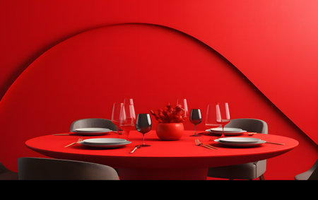 3d render of red table setting with cutlery in restaurantの素材