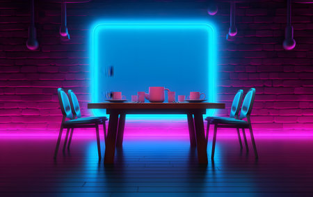 Interior of a modern dining room in neon style. 3D renderingの素材
