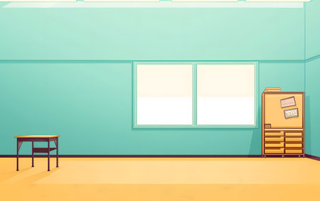 School classroom with desks and chairs in front of a window. Vector illustration.の素材