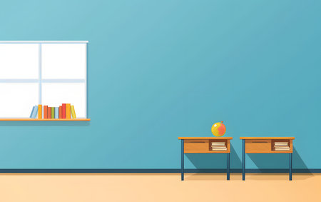 Interior of a school classroom with desks and books. illustrationの素材